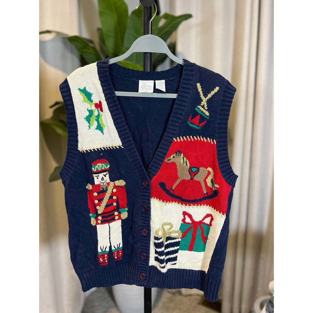 Vintage Laura Gayle Petite Navy Blue Embroidered Christmas Sweater Vest PL